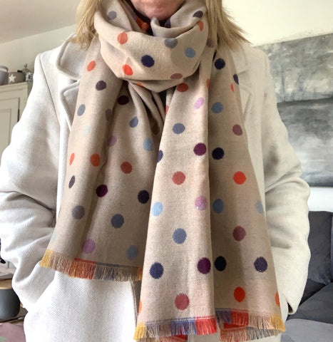 Large reversible ecru multi coloured spot blanket scarf - cashmere mix