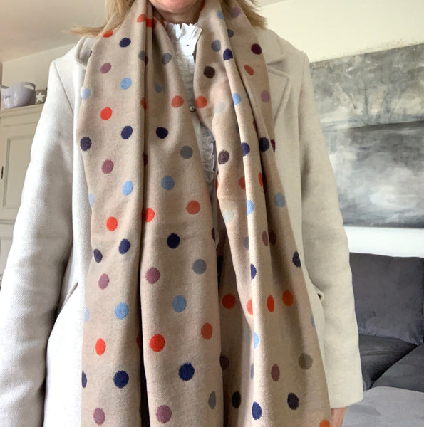 Large reversible ecru multi coloured spot blanket scarf - cashmere mix