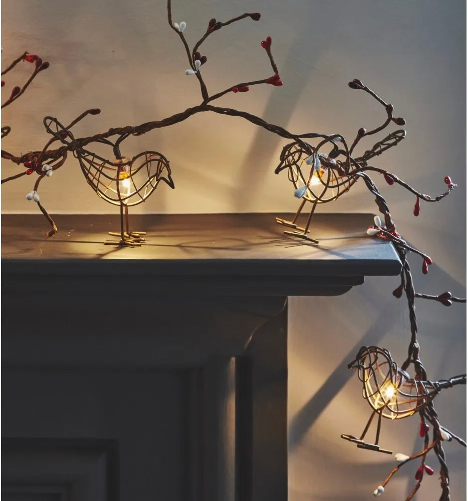 Rebine String Winter Robins string with red berries - fairy lights with 12 mini Robi ...