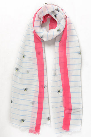 Summer scarf  - blue stripe with bee and pink edging