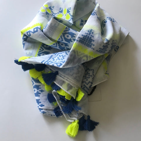 Summer scarf  - blue & yellow tassels