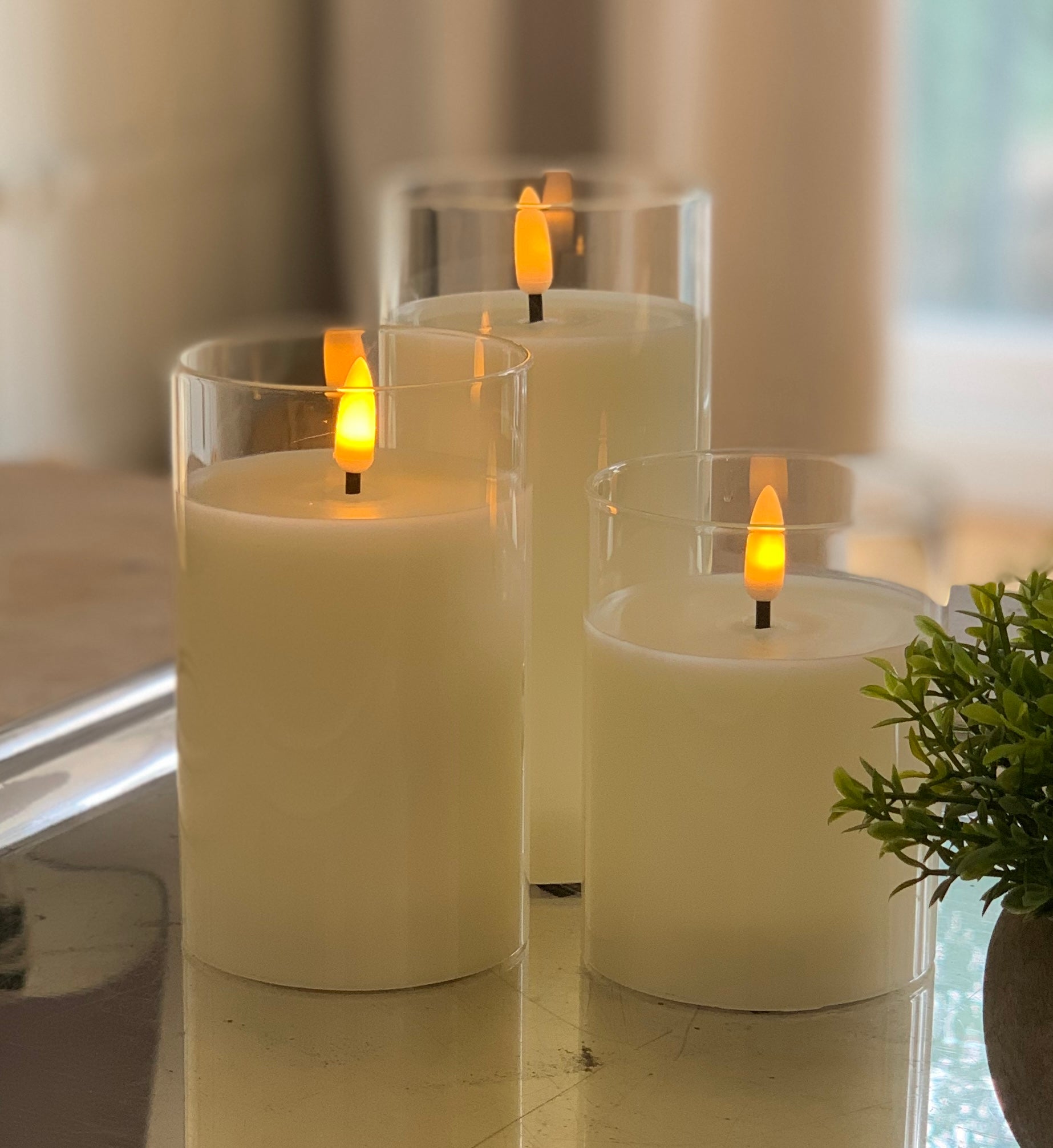 Trio LED flame candles in glass jar