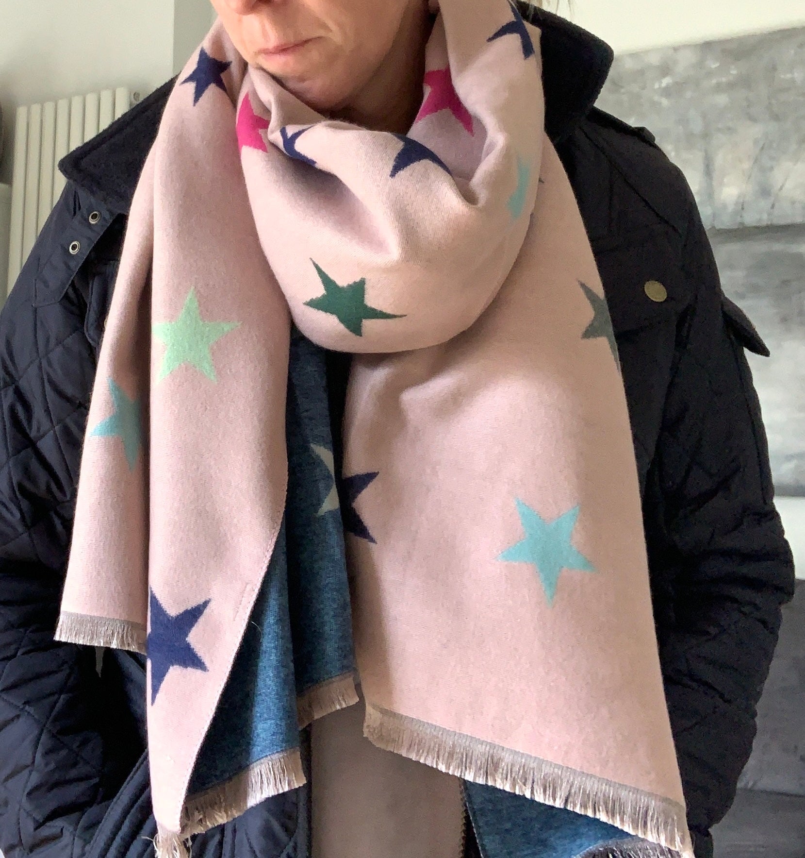 Reversible multi coloured star blanket scarf - cashmere mix