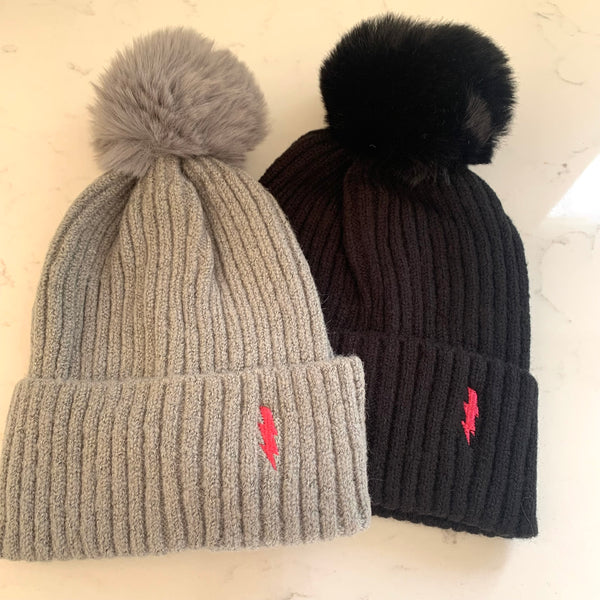 Soft pom pom hats - embroidered lightning bolt