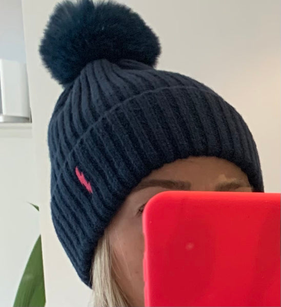 Soft pom pom hats - embroidered lightning bolt